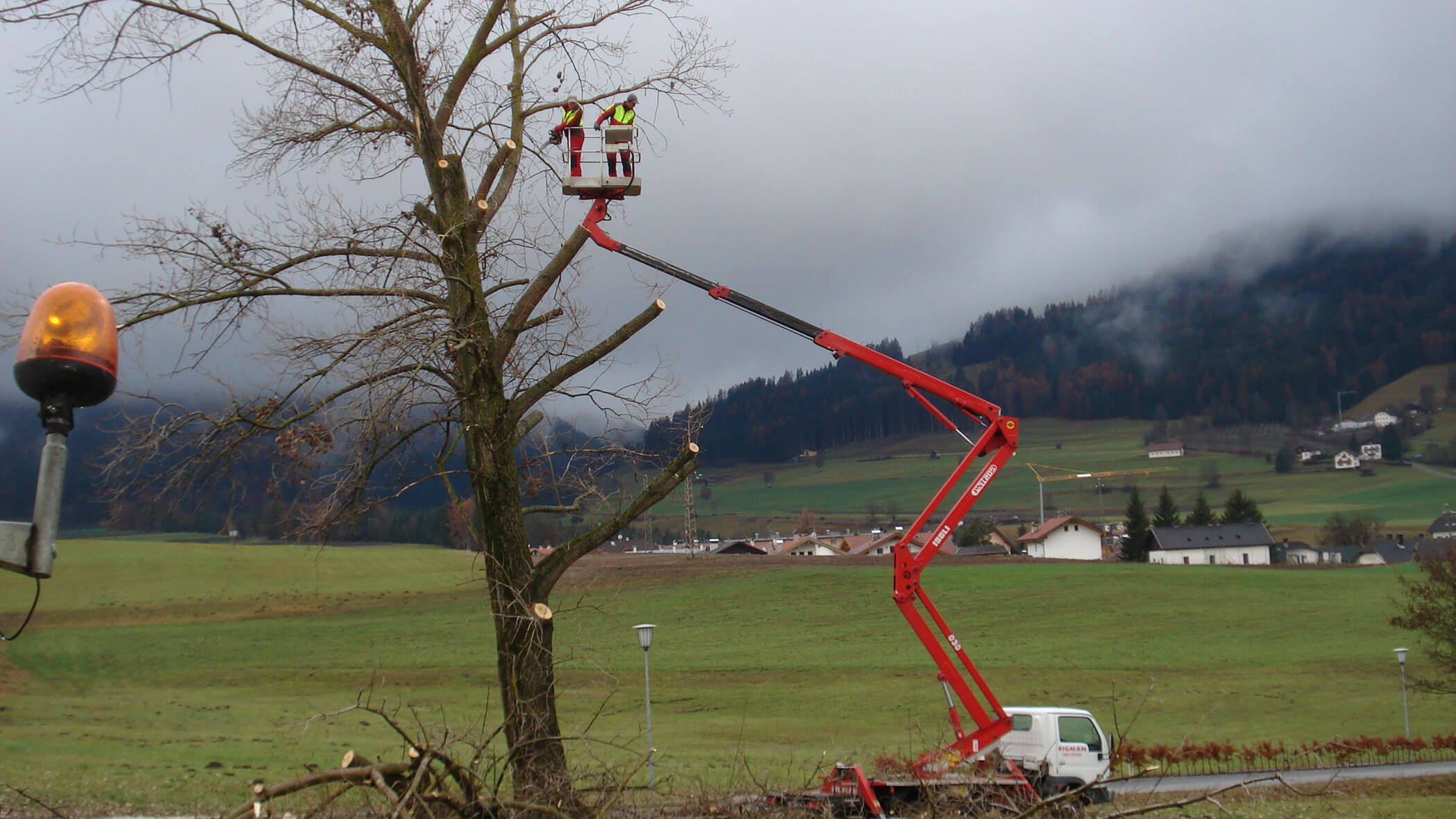 Zwei Arbeiter schneiden mit einer Hebebühne Äste von einem hohen Baum in einer ländlichen Gegend mit Hügeln und Häusern ab. - Obojes